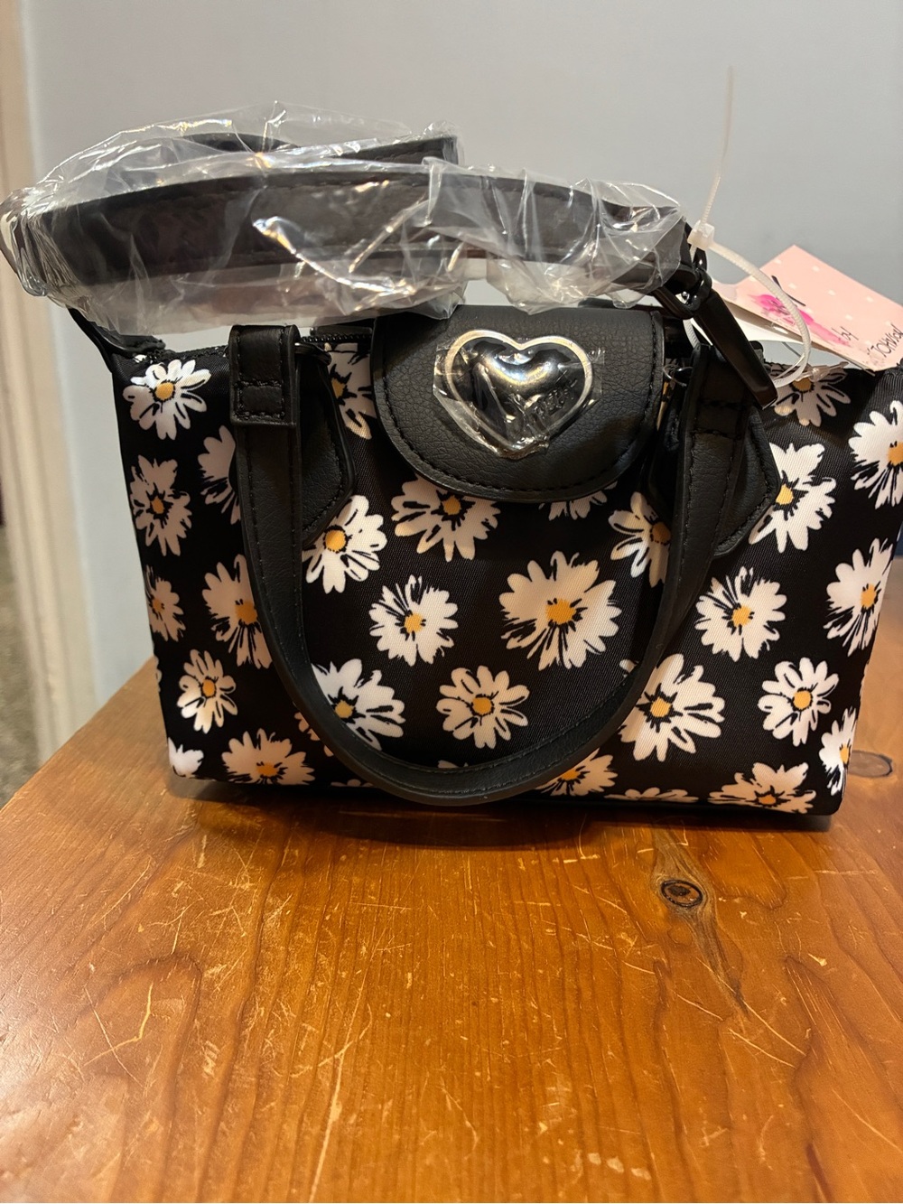 Betsey Johnson Black Floral Heart Accent small Tote